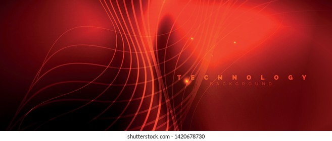 Bright neon circles and wave lines, glowing shiny background design template, digital techno concept. Luminous swirl trail, slow shutter speed effect.