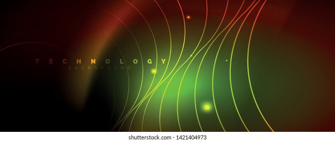 Bright neon circles and wave lines, glowing shiny background design template, digital techno concept. Luminous swirl trail, slow shutter speed effect.