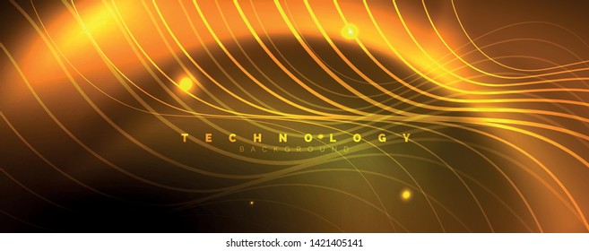 Bright neon circles and wave lines, glowing shiny background design template, digital techno concept. Luminous swirl trail, slow shutter speed effect.