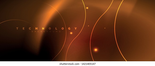 Bright neon circles and wave lines, glowing shiny background design template, digital techno concept. Luminous swirl trail, slow shutter speed effect.