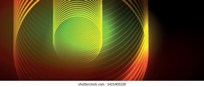 Bright neon circles and wave lines, glowing shiny background design template, digital techno concept. Luminous swirl trail, slow shutter speed effect.