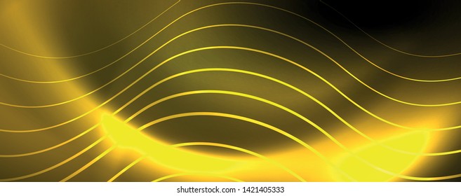 Brillantes círculos de neón y líneas onduladas, brillante plantilla de diseño de fondo, concepto digital tecno. Luminoso camino giratorio, efecto de velocidad de obturación lento.