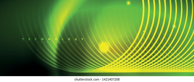 Bright neon circles and wave lines, glowing shiny background design template, digital techno concept. Luminous swirl trail, slow shutter speed effect.