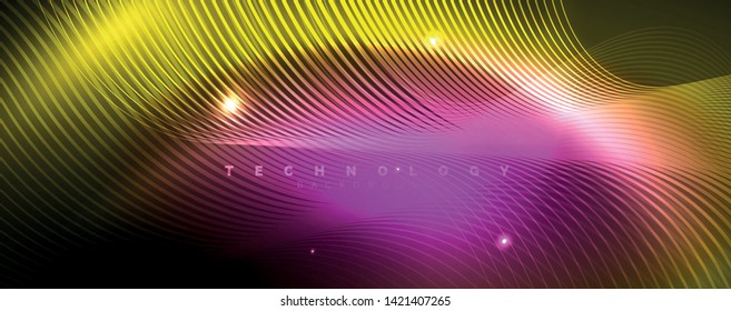 Bright neon circles and wave lines, glowing shiny background design template, digital techno concept. Luminous swirl trail, slow shutter speed effect.