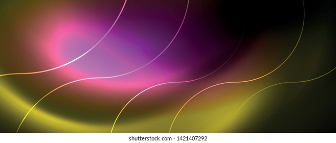 Bright neon circles and wave lines, glowing shiny background design template, digital techno concept. Luminous swirl trail, slow shutter speed effect.