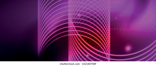 Círculos de neon brilhantes e linhas de onda, brilhante modelo de design de fundo, conceito de tecno digital. Trilha de redemoinho luminoso, efeito de velocidade do obturador lento.