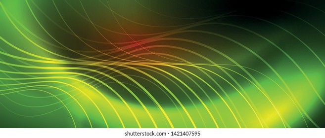 Helle Neonkreise und Wellenlinien, glänzende Hintergrunddesign-Vorlage, digitales Techno-Konzept. Leuchtender Schwenk-Weg, langsamer Verschlusszeiteneffekt.