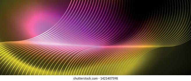 Bright neon circles and wave lines, glowing shiny background design template, digital techno concept. Luminous swirl trail, slow shutter speed effect.