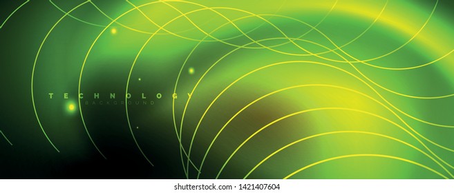 Bright neon circles and wave lines, glowing shiny background design template, digital techno concept. Luminous swirl trail, slow shutter speed effect.