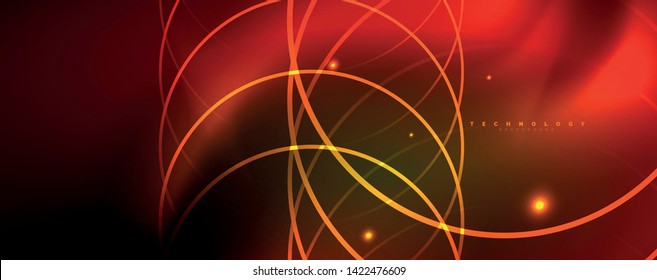 Bright neon circles and wave lines, glowing shiny background design template, digital techno concept. Luminous swirl trail, slow shutter speed effect.