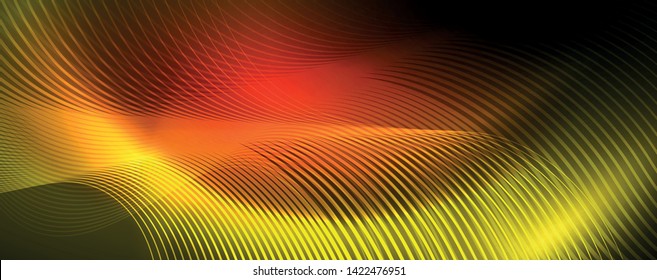 Bright neon circles and wave lines, glowing shiny background design template, digital techno concept. Luminous swirl trail, slow shutter speed effect.