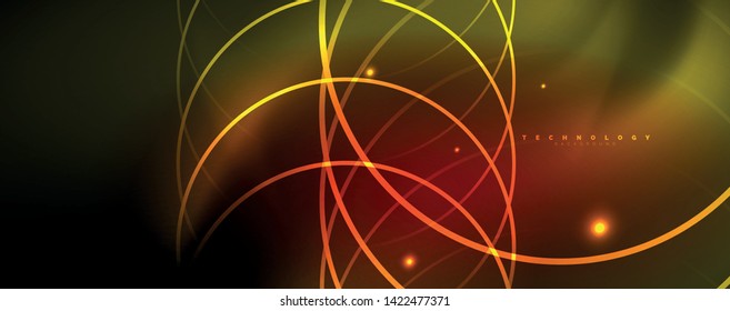 Bright neon circles and wave lines, glowing shiny background design template, digital techno concept. Luminous swirl trail, slow shutter speed effect.