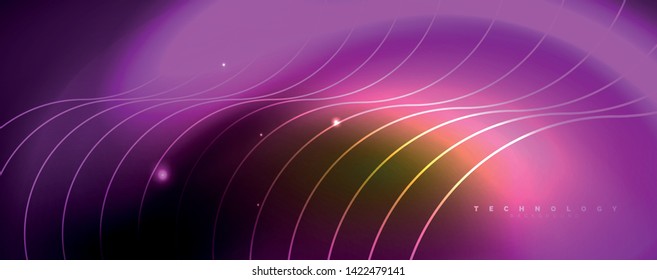 Bright neon circles and wave lines, glowing shiny background design template, digital techno concept. Luminous swirl trail, slow shutter speed effect.