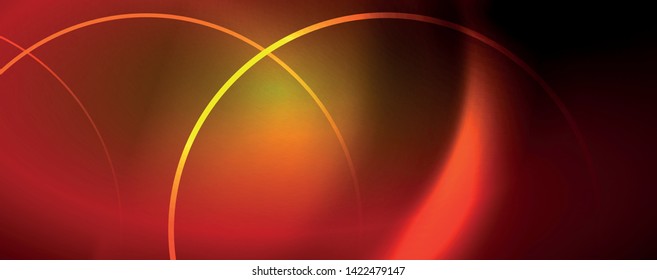 Bright neon circles and wave lines, glowing shiny background design template, digital techno concept. Luminous swirl trail, slow shutter speed effect.