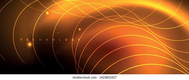 Bright neon circles and wave lines, glowing shiny background design template, digital techno concept. Luminous swirl trail, slow shutter speed effect.