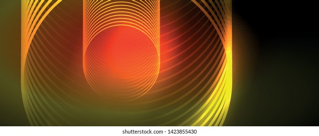 Brillantes círculos de neón y líneas onduladas, brillante plantilla de diseño de fondo, concepto digital tecno. Luminoso camino giratorio, efecto de velocidad de obturación lento.