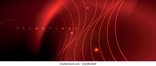 Bright neon circles and wave lines, glowing shiny background design template, digital techno concept. Luminous swirl trail, slow shutter speed effect.
