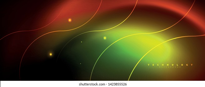 Brillantes círculos de neón y líneas onduladas, brillante plantilla de diseño de fondo, concepto digital tecno. Luminoso camino giratorio, efecto de velocidad de obturación lento.