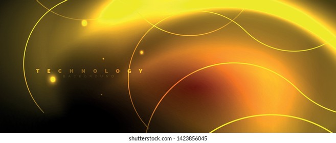 Bright neon circles and wave lines, glowing shiny background design template, digital techno concept. Luminous swirl trail, slow shutter speed effect.
