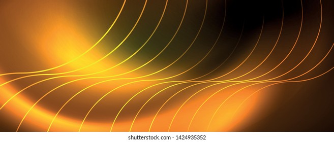 Bright neon circles and wave lines, glowing shiny background design template, digital techno concept. Luminous swirl trail, slow shutter speed effect.