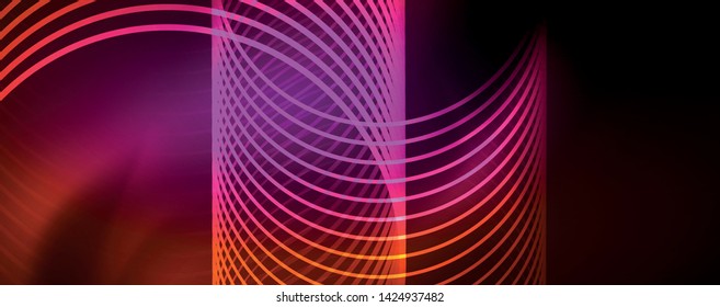 Brillantes círculos de neón y líneas onduladas, brillante plantilla de diseño de fondo, concepto digital tecno. Luminoso camino giratorio, efecto de velocidad de obturación lento.