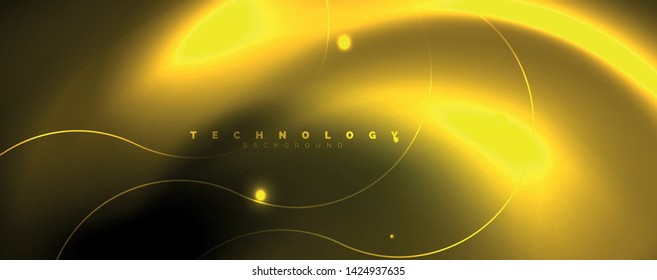 Bright neon circles and wave lines, glowing shiny background design template, digital techno concept. Luminous swirl trail, slow shutter speed effect.