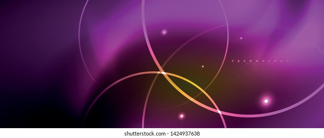 Helle Neonkreise und Wellenlinien, glänzende Hintergrunddesign-Vorlage, digitales Techno-Konzept. Leuchtender Schwenk-Weg, langsamer Verschlusszeiteneffekt.
