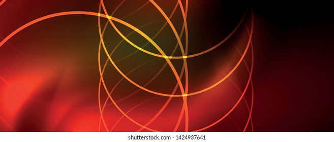 Bright neon circles and wave lines, glowing shiny background design template, digital techno concept. Luminous swirl trail, slow shutter speed effect.