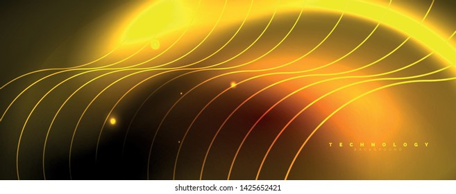 Helle Neonkreise und Wellenlinien, glänzende Hintergrunddesign-Vorlage, digitales Techno-Konzept. Leuchtender Schwenk-Weg, langsamer Verschlusszeiteneffekt.