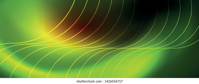 Bright neon circles and wave lines, glowing shiny background design template, digital techno concept. Luminous swirl trail, slow shutter speed effect.