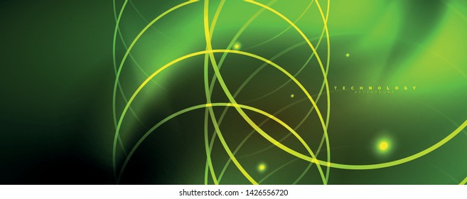 Bright neon circles and wave lines, glowing shiny background design template, digital techno concept. Luminous swirl trail, slow shutter speed effect.