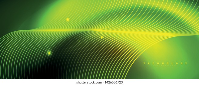 Bright neon circles and wave lines, glowing shiny background design template, digital techno concept. Luminous swirl trail, slow shutter speed effect.