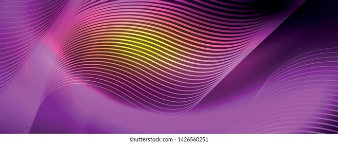 Bright neon circles and wave lines, glowing shiny background design template, digital techno concept. Luminous swirl trail, slow shutter speed effect.