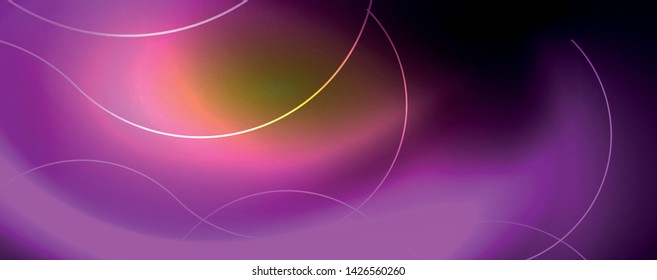 Bright neon circles and wave lines, glowing shiny background design template, digital techno concept. Luminous swirl trail, slow shutter speed effect.