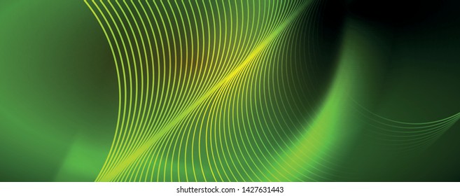 Bright neon circles and wave lines, glowing shiny background design template, digital techno concept. Luminous swirl trail, slow shutter speed effect.