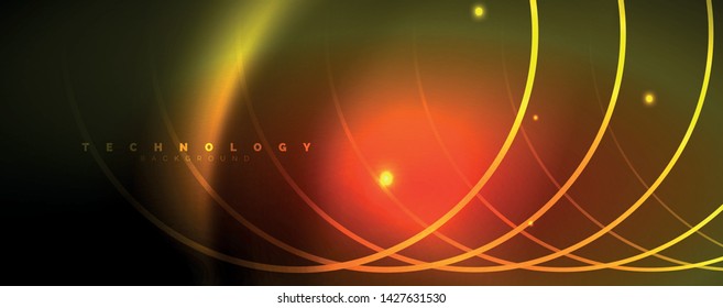 Bright neon circles and wave lines, glowing shiny background design template, digital techno concept. Luminous swirl trail, slow shutter speed effect.