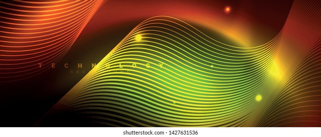 Bright neon circles and wave lines, glowing shiny background design template, digital techno concept. Luminous swirl trail, slow shutter speed effect.