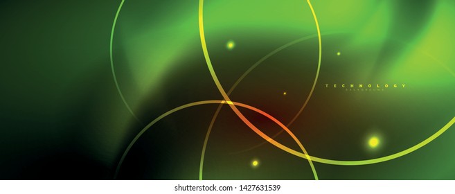 Bright neon circles and wave lines, glowing shiny background design template, digital techno concept. Luminous swirl trail, slow shutter speed effect.