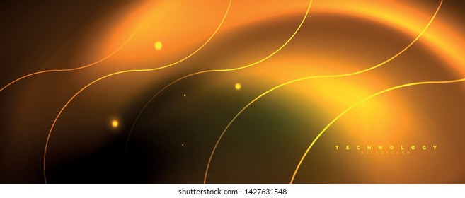 Bright neon circles and wave lines, glowing shiny background design template, digital techno concept. Luminous swirl trail, slow shutter speed effect.