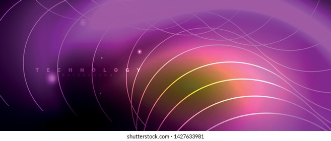 Helle Neonkreise und Wellenlinien, glänzende Hintergrunddesign-Vorlage, digitales Techno-Konzept. Leuchtender Schwenk-Weg, langsamer Verschlusszeiteneffekt.