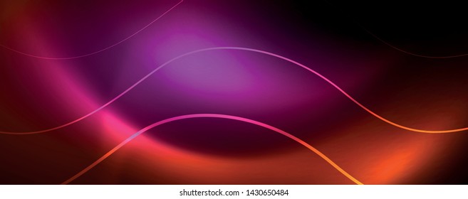Bright neon circles and wave lines, glowing shiny background design template, digital techno concept. Luminous swirl trail, slow shutter speed effect.