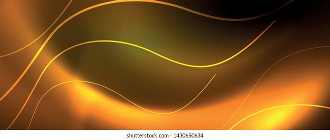 Bright neon circles and wave lines, glowing shiny background design template, digital techno concept. Luminous swirl trail, slow shutter speed effect.