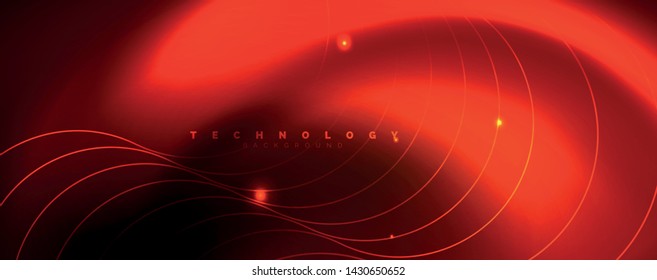 Bright neon circles and wave lines, glowing shiny background design template, digital techno concept. Luminous swirl trail, slow shutter speed effect.