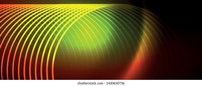 Bright neon circles and wave lines, glowing shiny background design template, digital techno concept. Luminous swirl trail, slow shutter speed effect.