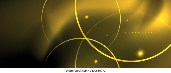 Bright neon circles and wave lines, glowing shiny background design template, digital techno concept. Luminous swirl trail, slow shutter speed effect.