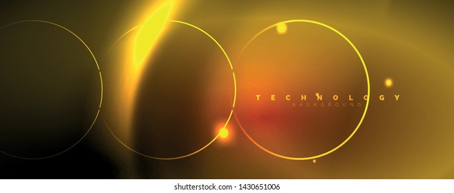 Bright neon circles and wave lines, glowing shiny background design template, digital techno concept. Luminous swirl trail, slow shutter speed effect.