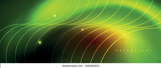 Bright neon circles and wave lines, glowing shiny background design template, digital techno concept. Luminous swirl trail, slow shutter speed effect.