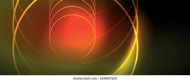 Brillantes círculos de neón y líneas onduladas, brillante plantilla de diseño de fondo, concepto digital tecno. Luminoso camino giratorio, efecto de velocidad de obturación lento.