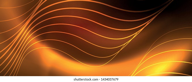 Bright neon circles and wave lines, glowing shiny background design template, digital techno concept. Luminous swirl trail, slow shutter speed effect.