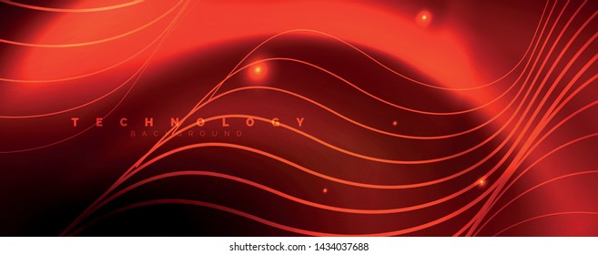 Bright neon circles and wave lines, glowing shiny background design template, digital techno concept. Luminous swirl trail, slow shutter speed effect.